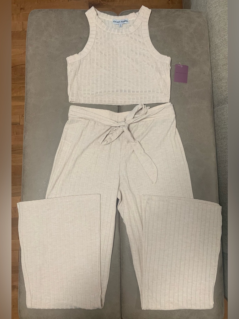 Almost Famous Women Beige Ribbed Knit 2 Pc Set Crop Tank & Wide-Leg Pants NEW XL